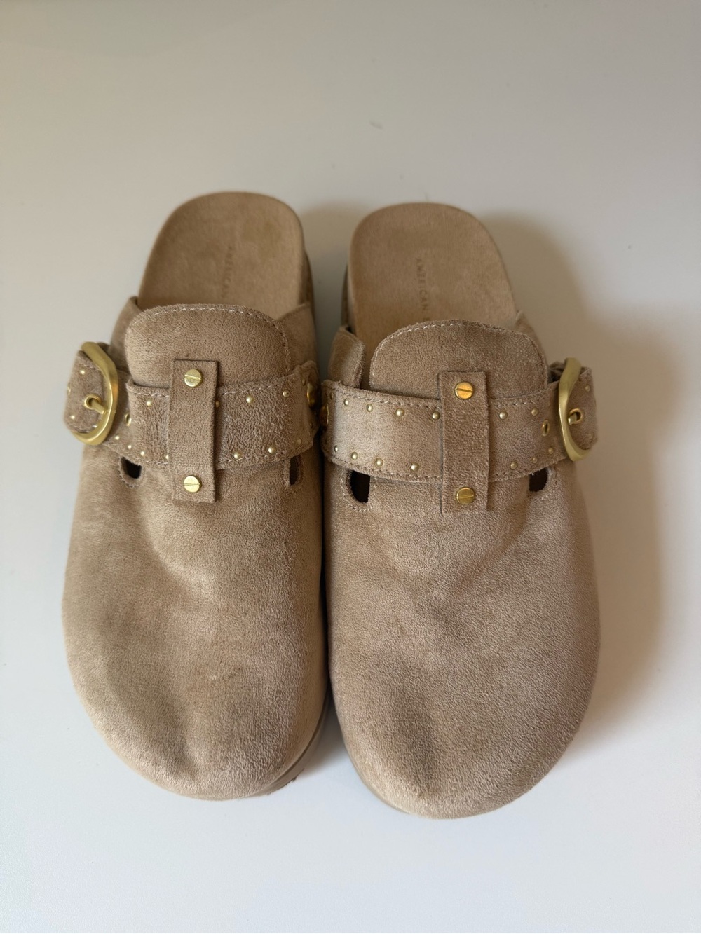 American Eagle Outfitters Taupe Suede Slip-On Clogs with Gold Buckle